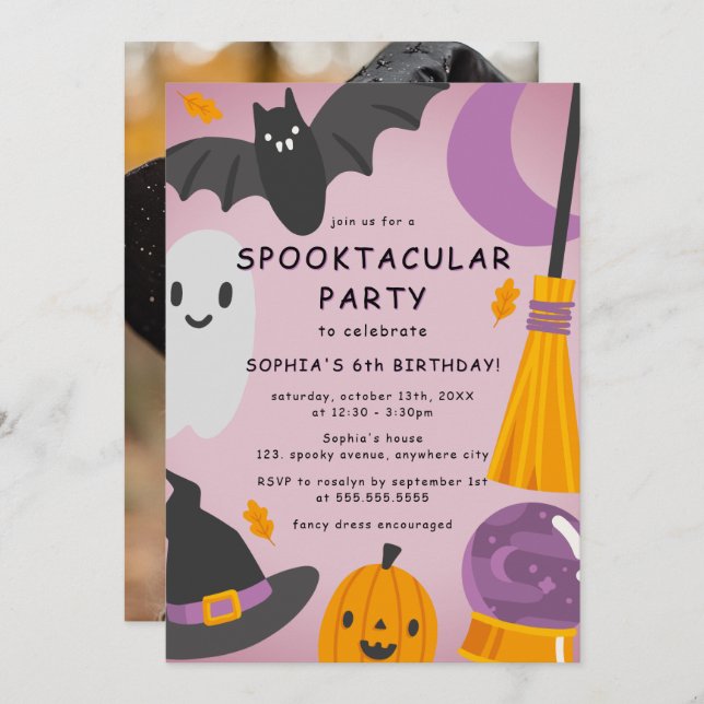 Invitation Purple Orange Cute Photo Halloween Anniversaire de (Devant / Derrière)