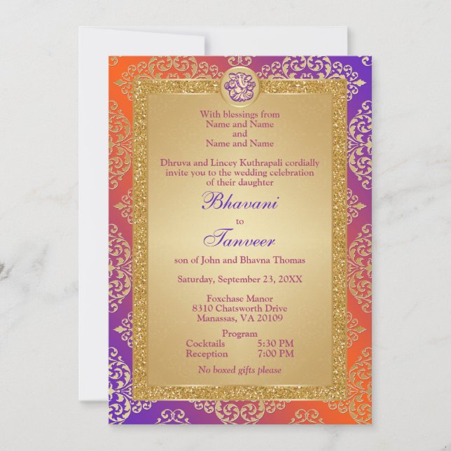Invitation Purple, Orange, Gold FAUX Parties scintillant Gane (Devant)