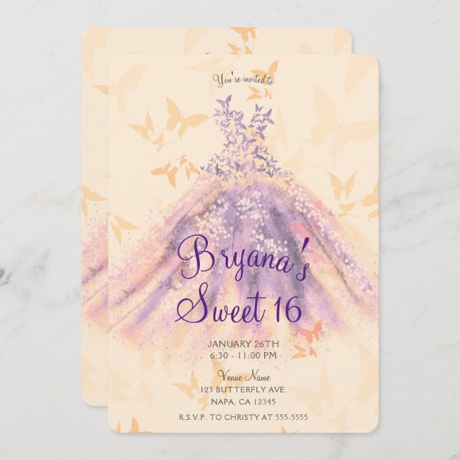 Invitation Purple Orange Papillon Danser Robe Douce 16 Partie (Devant / Derrière)