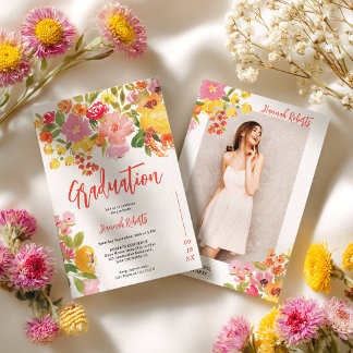 Invitation Purple Orange photo Boho floral graduation