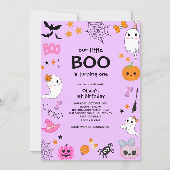 Invitation Purple Our Little Boo Halloween 1er anniversaire (Devant)