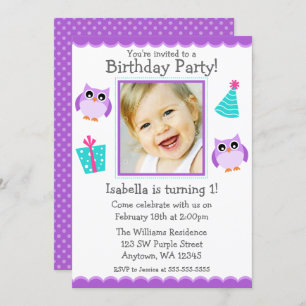Invitation Purple Owl Party 1er Birthday Girl Photo