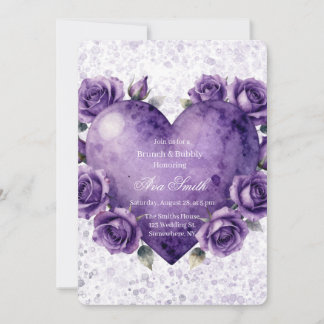 Invitation Purple Paint Heart et Roses Brunch & Bubbly