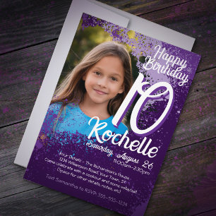 Invitation Purple Paint Splatter Photo 10e anniversaire Invit