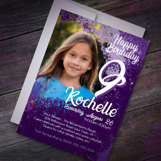 Invitation Purple Paint Splatter Photo 9e anniversaire Invita