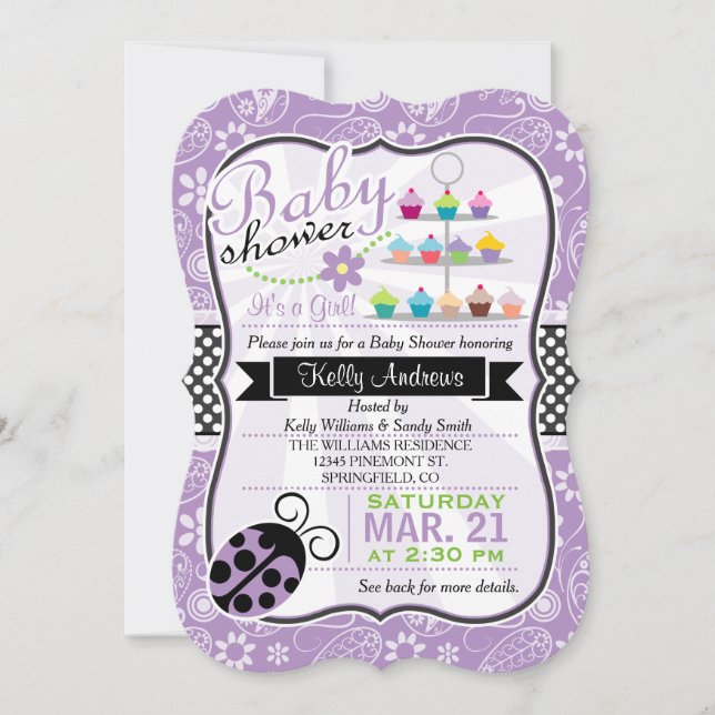 Invitation Purple Paisley Ladybug thème Baby shower fille (Devant)
