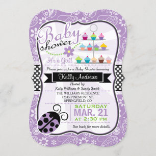 Invitation Purple Paisley Ladybug thème Baby shower fille
