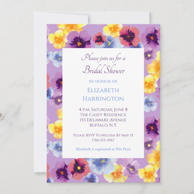 Invitation Purple Pansies Lavender Floral Bridal Shower (Devant)
