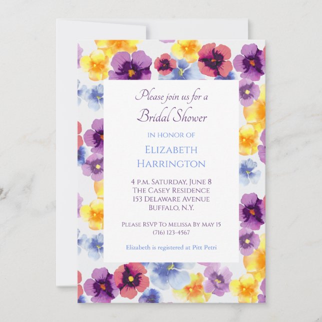 Invitation Purple Pansy Hand-Illustrated Floral Bridal Shower (Devant)