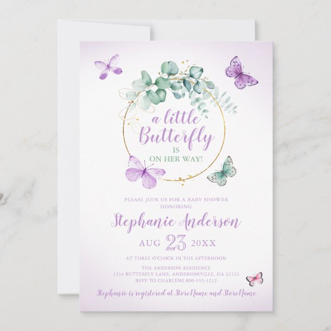 Invitation Purple Papillon Eucalyptus Baby Girl Douche Invit (Devant)
