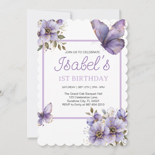 Invitation Purple papillon premier anniversaire, fleurs Invit (Devant)