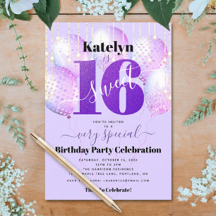 Invitation Purple Parties scintillant Sweet 16 Ballons d'anni