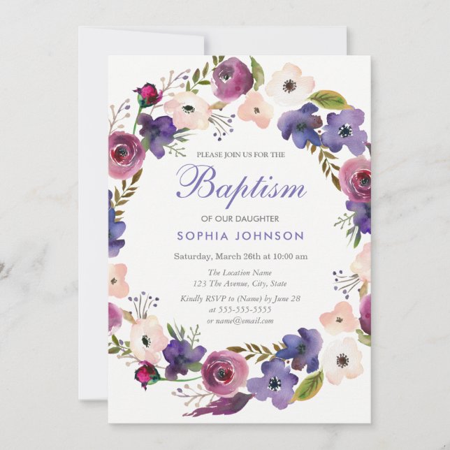 Invitation Purple Peach Burgundy Wreath Floral Baptism Invita (Devant)