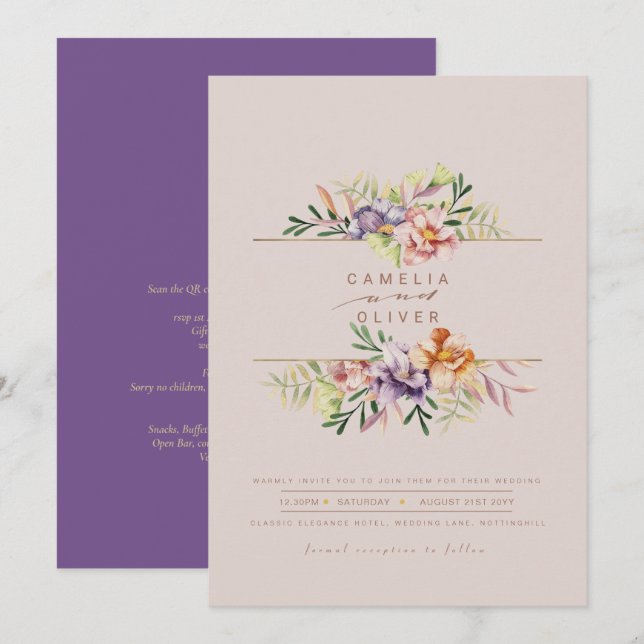 Invitation Purple Peach Summer Floral Wedding Inviter QR Code (Devant / Derrière)