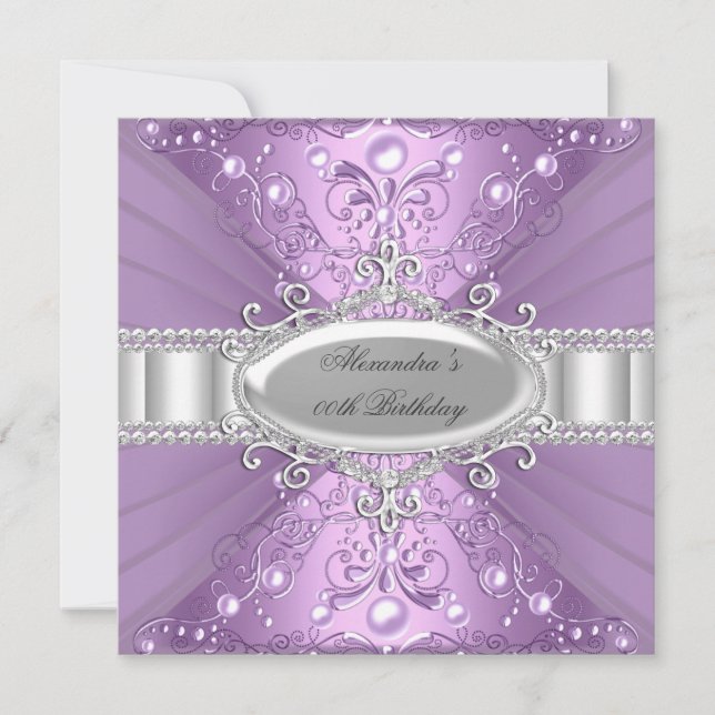 Invitation Purple Pearl & Diamond Damask Anniversaire Invitat (Devant)