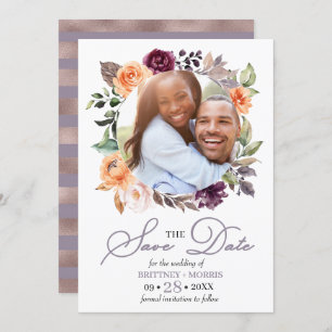 Invitation Purple Pêche Floral Chute Enregistrer La Date Mari