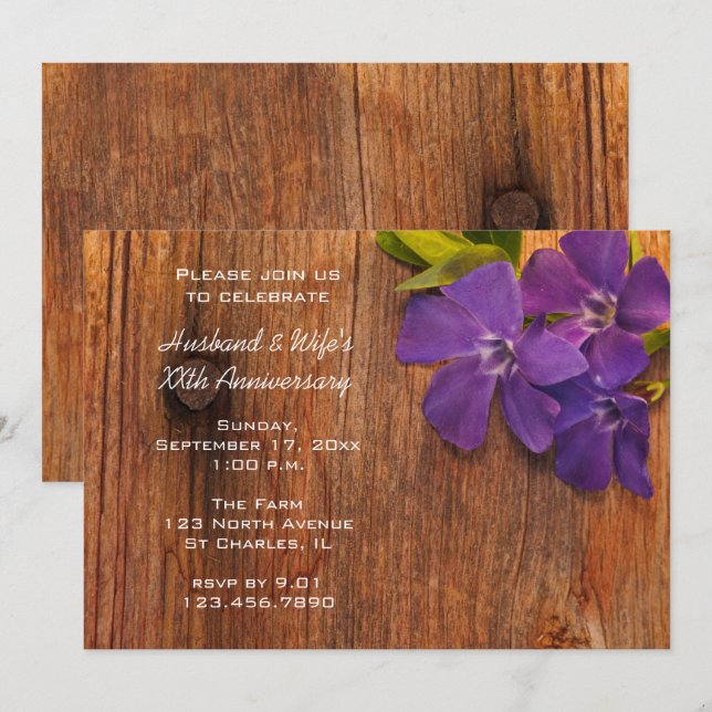 Invitation Purple Periwinkle et Barn Wood Anniversaire Party (Devant / Derrière)