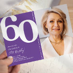 Invitation Purple Photo 60e fête d'anniversaire<br><div class="desc">Créez des souvenirs durables à votre 60e anniversaire de naissance avec ces invitations tendance violet et blanc anniversaire! Avec une grande police serif audacieuse montrant le numéro '60', une photo du garçon / fille d'anniversaire, et un modèle moderne facile à personnaliser, ces invitations capteront l'esprit de l'occasion. Grâce à son...</div>