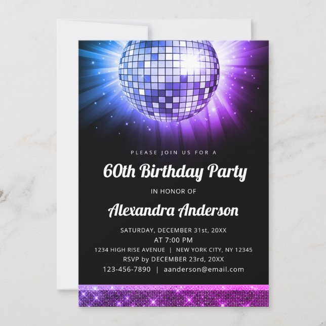 Invitation Purple Pink 60e anniversaire Disco Ball 70's (Devant)