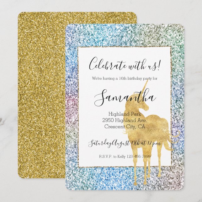 Invitation Purple Pink Aqua Gold Unicorn Parties scintillant (Devant / Derrière)