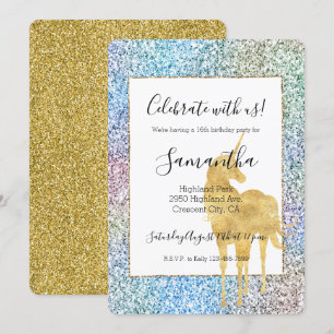 Invitation Purple Pink Aqua Gold Unicorn Parties scintillant