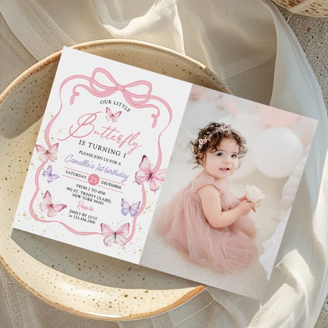 Invitation Purple Pink Bow Butterfly Girl Birthday Photo (Créateur téléchargé)