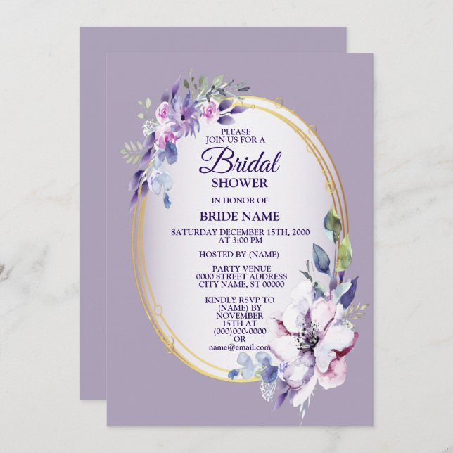 Invitation Purple Pink Floral Watercolor Golden Bridal Shower (Devant / Derrière)