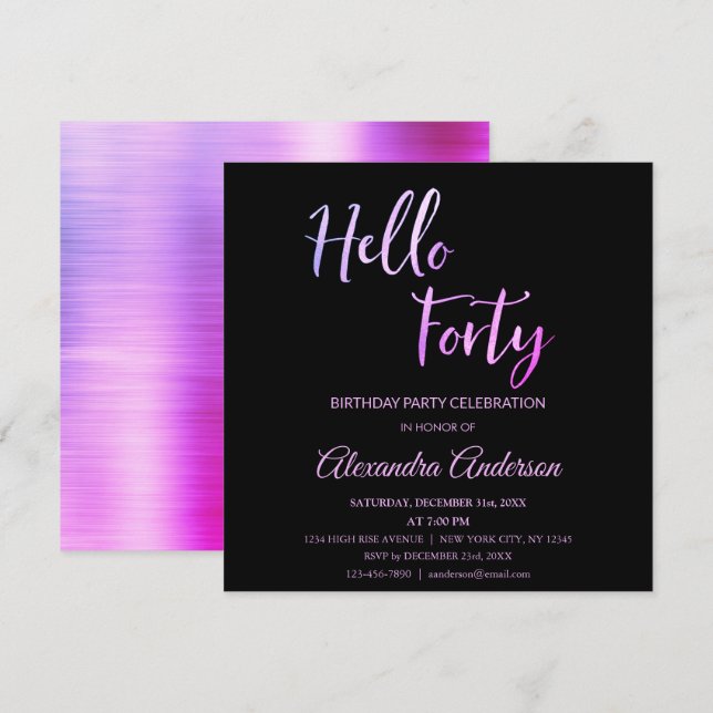 Invitation Purple Pink Foil Bonjour 40 Quarante Anniversaire  (Devant / Derrière)
