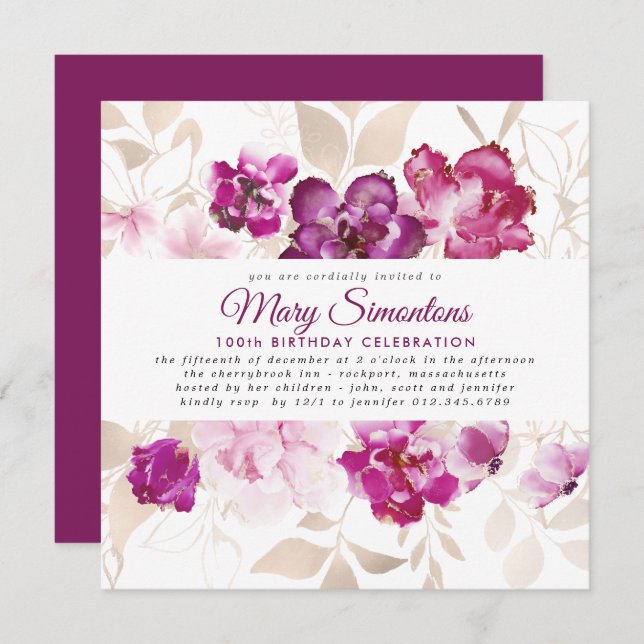 Invitation Purple Pink Gold Floral 100e fête d'anniversaire (Devant / Derrière)