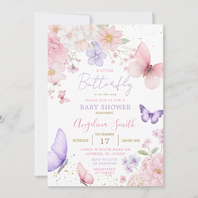 Invitation Purple & Pink Little Butterfly Floral Baby Shower (Devant)