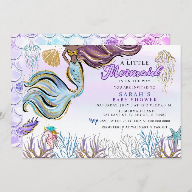 Invitation Purple Pink Modern Glitter Mermaid Baby Shower (Devant / Derrière)