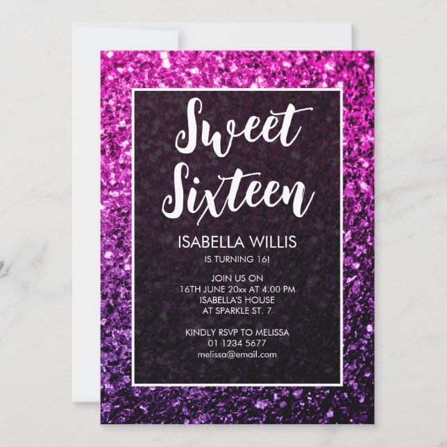 Invitation Purple Pink Ombre scintille Sweet 16 élégant scrip (Devant)