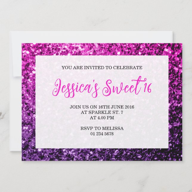 Invitation Purple Pink Ombre scintille Sweet 16 élégant scrip (Devant)