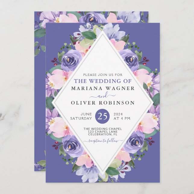 Invitation Purple Pink Watercolor Floral Wedding (Devant / Derrière)