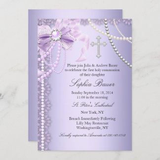 Invitation Purple Pretty Pearl Bow Cross Première Sainte Comm