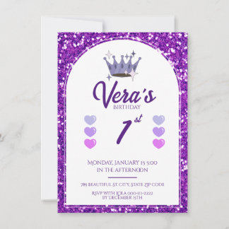 Invitation Purple Princess Parties scintillant 1er anniversai