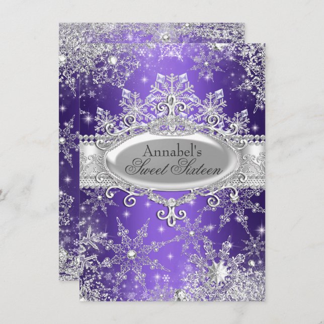 Invitation Purple Princess Winter Wonderland Sweet 16 Invitat (Devant / Derrière)