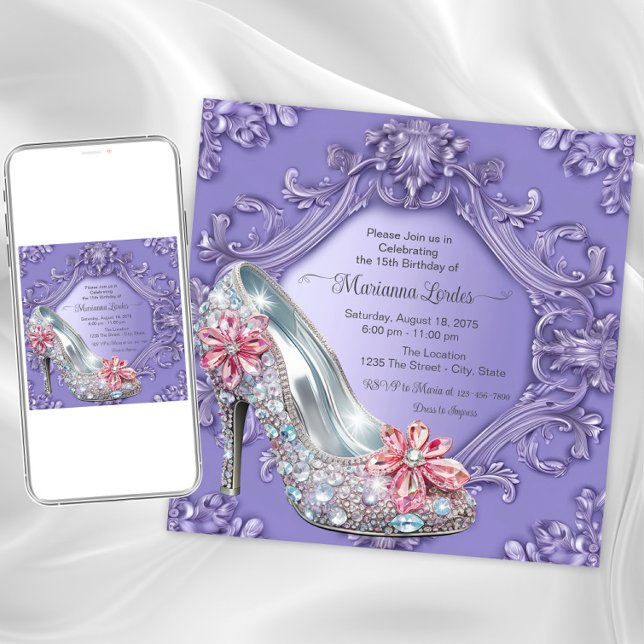 Invitation Purple Quinceañera fête d'anniversaire (Purple jewel shoe any occasion invitation. Instant download and printed invitations available.)