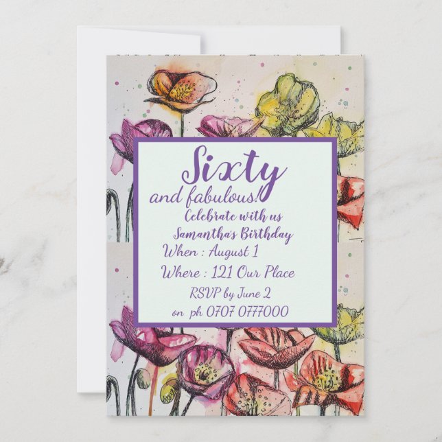 Invitation Purple Red Poppy Floral 60e anniversaire Invitatio (Devant)
