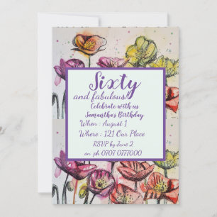 Invitation Purple Red Poppy Floral 60e anniversaire Invitatio