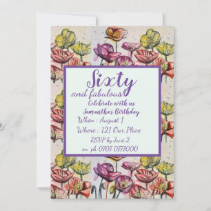 Invitation Purple Red Poppy Floral 60e anniversaire Invitatio