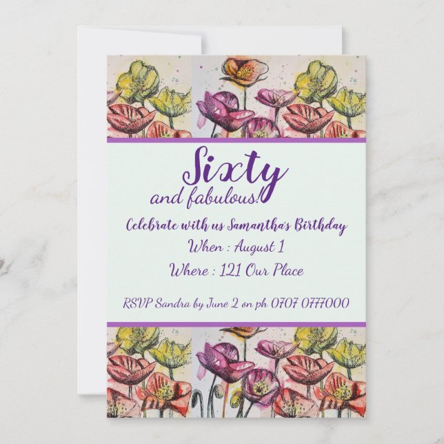 Invitation Purple Red Poppy Floral 60e anniversaire Invitatio
