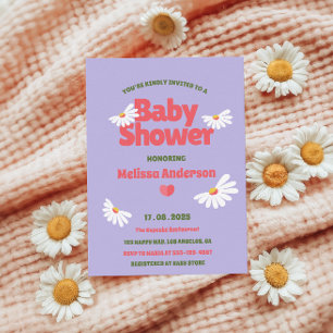 Invitation Purple Retro Baby shower de marguerite lunaire