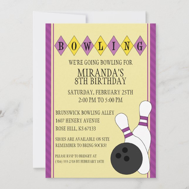 Invitation Purple Retro Custom Bowling fête d'anniversaire (Devant)