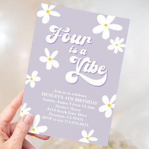 Invitation Purple Retro Daisy Four Est Un Anniversaire Vibe