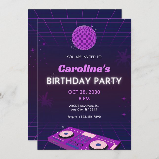 INVITATION PURPLE RETRO NIGHT DJ DISCO BALL ANNIVERSAIRE (Devant / Derrière)