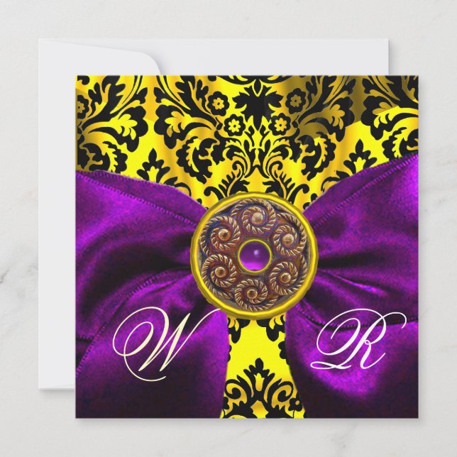 INVITATION PURPLE RIBBON OR JAUNE BLACK DAMASK MONOGRAM (Devant)