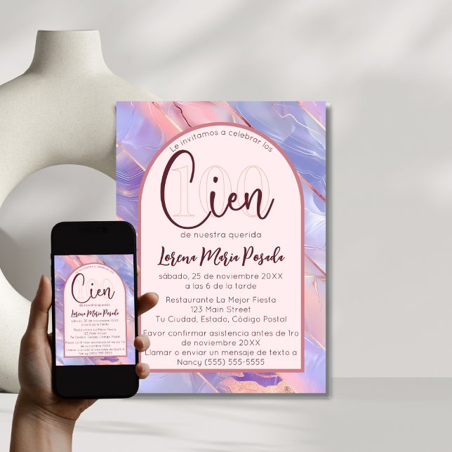Invitation Purple Rose Agate Espagnol 100e anniversaire pour  (Créateur téléchargé)