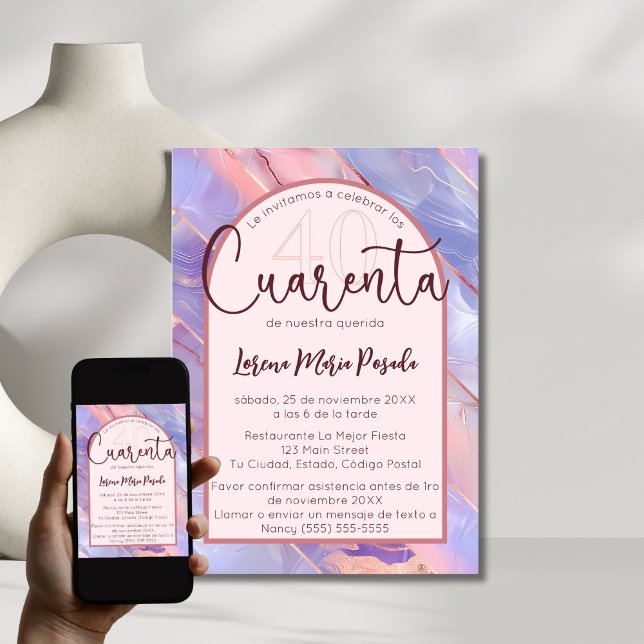 Invitation Purple Rose Agate Espagnol 40e anniversaire pour e (Créateur téléchargé)