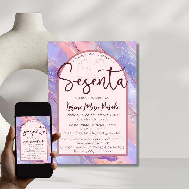 Invitation Purple Rose Agate Espagnol 60e anniversaire pour e (Créateur téléchargé)